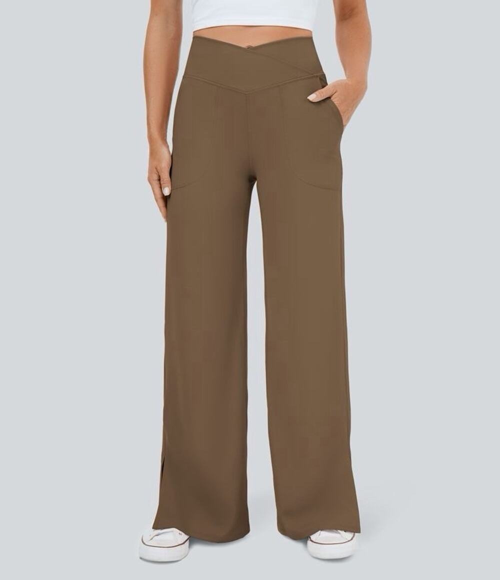 DayStretch Crossover Pocket Hem Plus Size Wide Leg Yoga Pants-Smile 1X